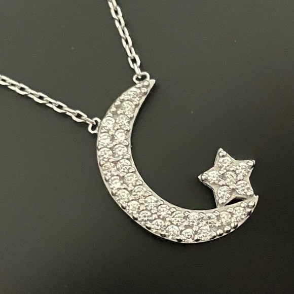 925 Sterling Silver Sparkling CZ moon with Star Necklace Charm Pendant celestial - Picture 5 of 5